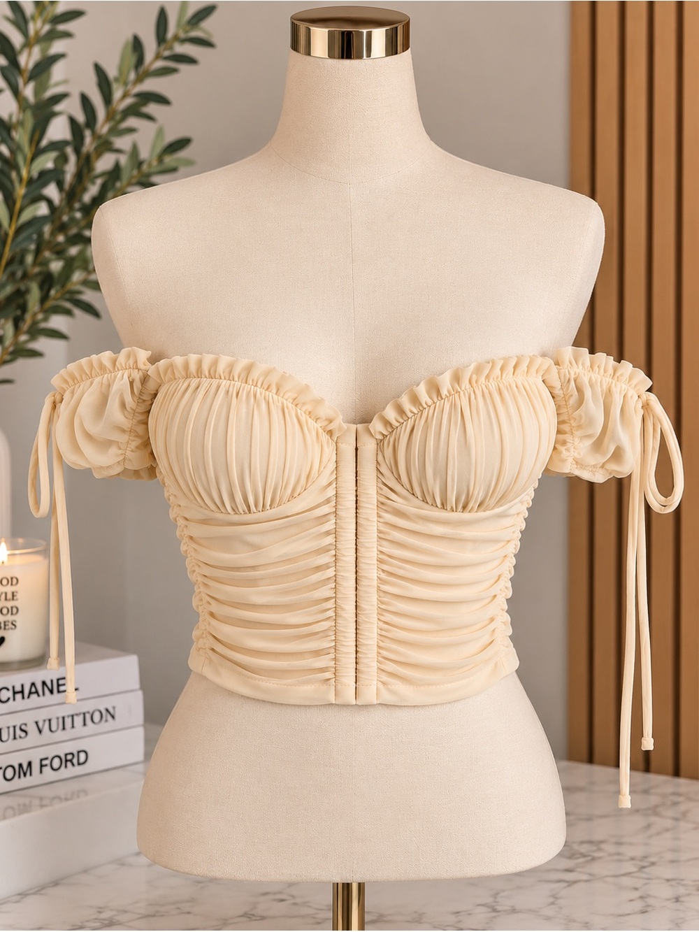Ruffled Off-Shoulder Cream Ruched Crop Top